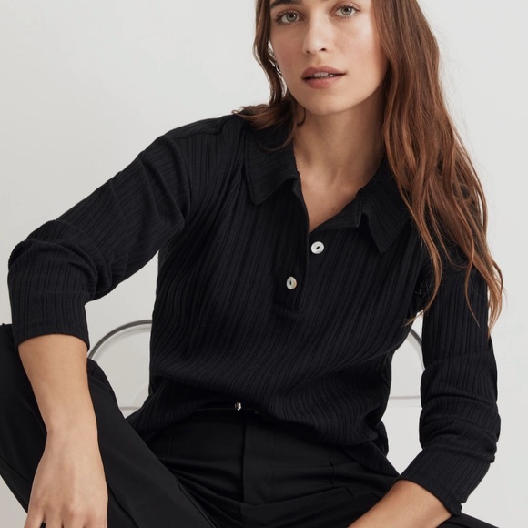 Madewell Variegated Rib Boxy Long Sleeve Polo Shirt V-Neck size L - Picture 3 of 5